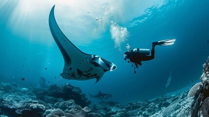 Diver encounters a giant manta ray in the ocean.