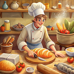 A skilled chef is carefully cutting a fresh loaf of bread on a sturdy cutting board, ensuring even slices for a delightful meal