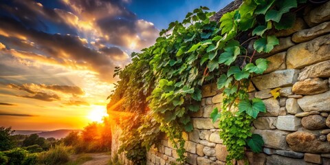 A Catawba grapevine winds its way up a weathered stone wall, entwined with lush greenery, shot from a low angle, golden hour, nostalgic, a realistic photo image.