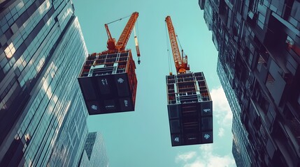 Advanced IoT powered cranes skillfully lifting and maneuvering massive structural components to facilitate the construction of a towering modern skyscraper in a bustling urban cityscape