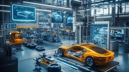 Wall Mural - futuristic car production plant featuring advanced iot enabled automation robotics and smart manufac