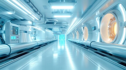 Poster - Future technological factory, high-tech scene, automation, the whole environment is bright and cool, white, bright blue. Generative AI.