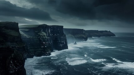 Wall Mural - Dramatic cliffs and crashing waves in a stormy sea.