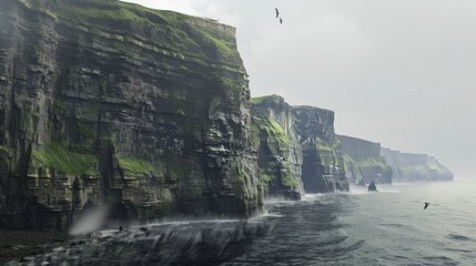 Wall Mural - Dramatic cliffs rise from the ocean, with birds flying overhead.