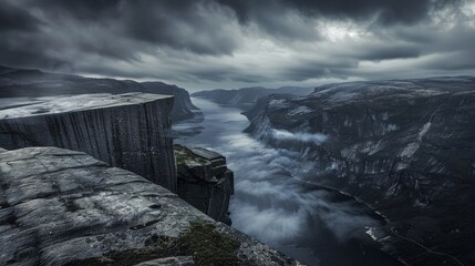 Sticker - Dramatic cliffside view of a misty fjord valley.