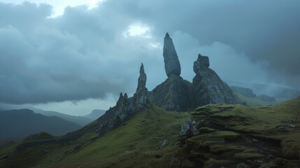 Canvas Print - Dramatic mountain peaks rise through a cloudy sky, hinting at a mystical landscape.