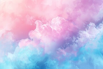 Canvas Print - Pastel pink and blue sky with fluffy clouds blending together in a soft gradient, Soft gradients of pastel colors blending together