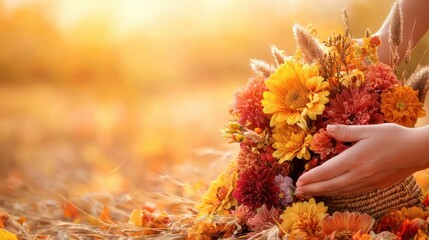 Hands holding a vibrant autumn flower bouquet in warm sunlight for Thanksgiving celebration and harvest decoration