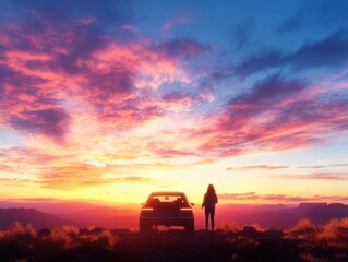 A car parked at a scenic overlook, with a couple taking in the expansive views