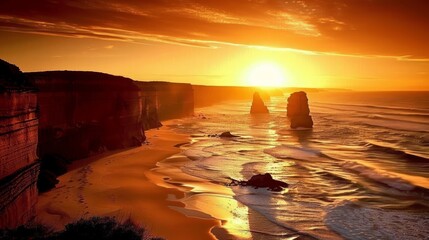 Wall Mural - Dramatic sunset over the ocean with cliffs and sea stacks.