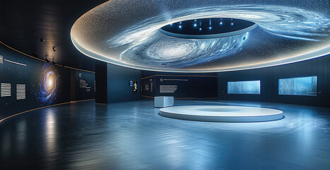 Aufkleber - A black hole installation in a museum gallery, the rotating ceiling simulates the distorted space near the black hole, the booth carries out the popularization of the content of the black hole.