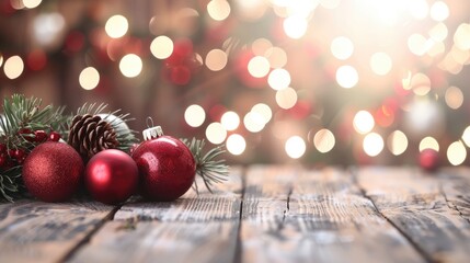 Wall Mural - A wooden table with a bunch of red and white Christmas ornaments on it