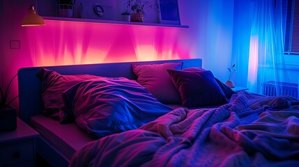 Wall Mural - A comfy bed with cushions in a nice bed at night with blue and violet light