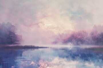 Poster - A painting featuring a lake surrounded by tall trees under a soft pastel-colored sky, Soft pastel colors painting the sky in a tranquil scene