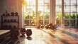 © PuiZera - Dumbbells on wooden floor with sunlight streaming through a window.