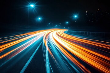 Nighttime Highway with Blurry Light Trails from Cars