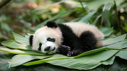 Wall Mural - A cute little panda rests on an area rug made of bamboo leaf