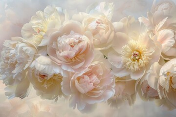 Canvas Print - A variety of soft pastel peonies in shades of blush and cream, arranged in a bunch on a table, Soft pastel peonies in shades of blush and cream