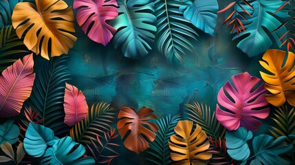 Wall Mural - Image of vibrant tropical leaves on a green backdrop for custom digital print wallpaper design.