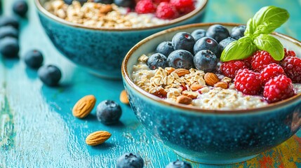 Healthy Breakfast with Oatmeal, Berries, Almonds and Basil.