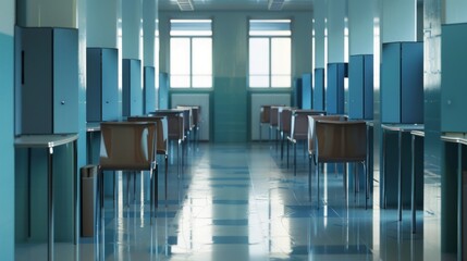 Wall Mural - Empty chairs and tables in a sterile hallway.