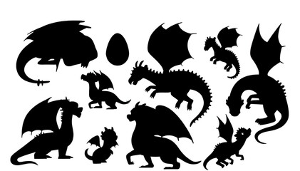 Dragon Silhouette. Dragon Crest Wings great set collection clip art Silhouette, dragon tattoo designs, Black vector illustration on white background