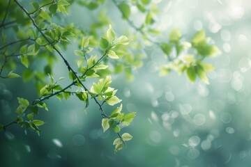 Canvas Print - A branch of a tree with fresh green leaves swaying gently in the soft spring breeze, Soft spring breeze rustling through newly grown leaves