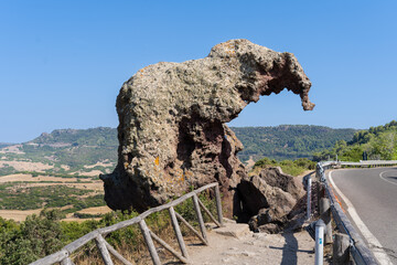 Roccia dell'Elefante (Elephant Rock) in Sardinia, Italy. A famous elephant shaped rock formation, against a clear blue sky and a beautiful landscape. A tourist attraction with no people