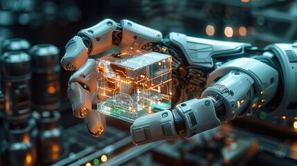 Canvas Print - A robotic arm holds an intricate cube made of glass and circuitry, with digital lines glowing inside it, set against the backdrop of advanced technology in a futuristic. Generative AI.