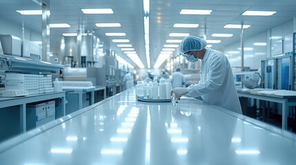 Leinwandbilder - Sterile pharmaceutical manufacturing facility with scientists in lab coats, advanced equipment, pill production line, bright and clean environment. Generative AI.