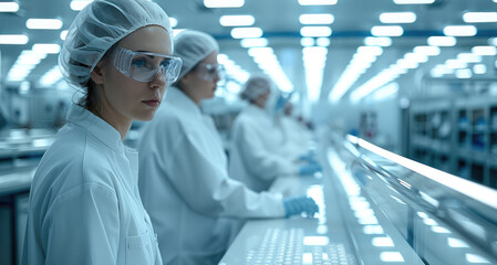 Leinwandbilder - Sterile pharmaceutical manufacturing facility with scientists in lab coats, advanced equipment, pill production line, bright and clean environment. Generative AI.