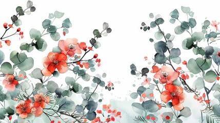 floral background featuring botanical line art, including flowers, branches, and eucalyptus leaves.