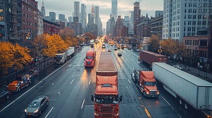 Wall Mural - A convoy of trucks transporting shipping containers through busy New York City street, with containers being unloaded near skyscraper. Generative AI.