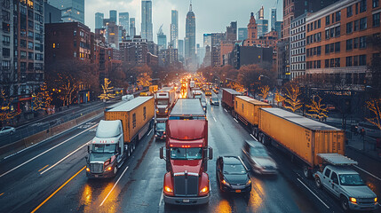 Poster - A convoy of trucks transporting shipping containers through busy New York City street, with containers being unloaded near skyscraper. Generative AI.