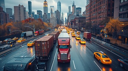 Poster - A convoy of trucks transporting shipping containers through busy New York City street, with containers being unloaded near skyscraper. Generative AI.