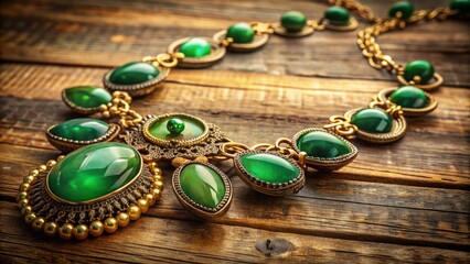 Jade green vintage jewelry laid upon a distressed wooden table, shot from directly above with warm golden lighting, evoking nostalgia, a realistic photo image.