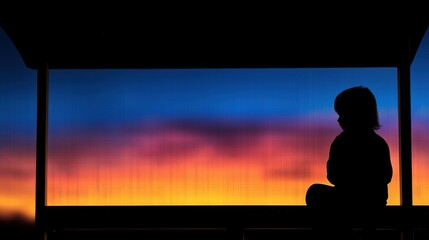 A silhouette of a person waiting at a bus stop at dusk with a luminous background and a high contrast digital pattern