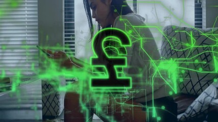 Wall Mural - Pound currency symbol and digital network animation over woman using smartphone