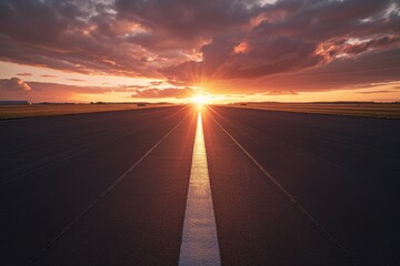 Wall Mural - Sunset Over an Asphalt Runway with a White Stripe