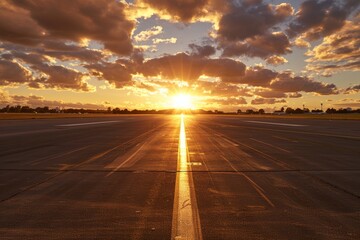 Wall Mural - Sunset Over an Empty Runway with Golden Clouds