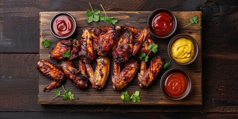 Grilled Chicken Wings with Dipping Sauces on Wooden Board