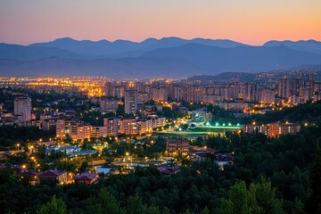 Sticker - Cityscape with Silhouetted Mountains at Dusk