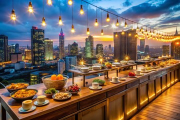 A photo image of a bustling rooftop restaurant overlooking the city skyline, with a buffet table set against a backdrop of twinkling lights and a warm glow, sizzling food on display.