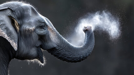 Wall Mural - Powerful Elephant Spraying Water from Its Trunk in Nature