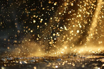 Raindrops blur as they fall onto the ground in a soft blur, Sparkling gold dust dancing in the light