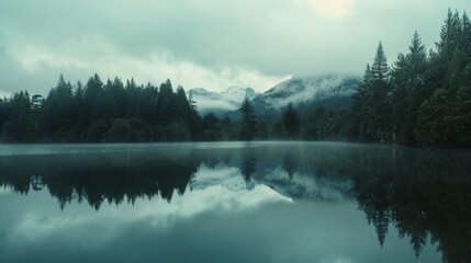 Sticker - Foggy lake with trees and mountains reflecting in the water.