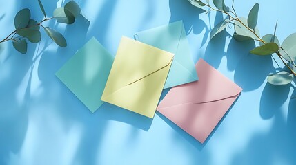 Poster - Pastel Envelopes and Eucalyptus Branch on a Blue Background