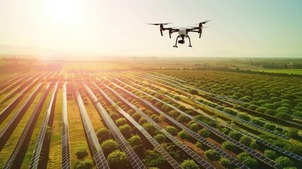 Drone flying over solar panels and trees