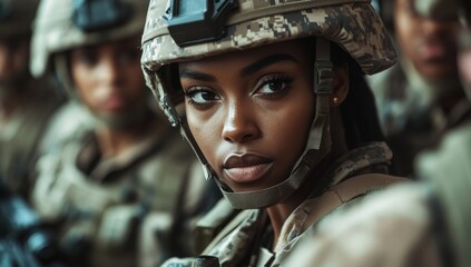 photo of black female soldier with her team in the army, a war scene 