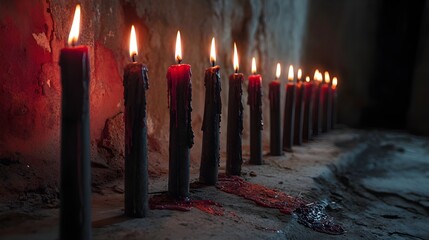 A row of ominous, black candles with red wax drippings, burning low on a dusty altar, with a shadowy, decrepit background